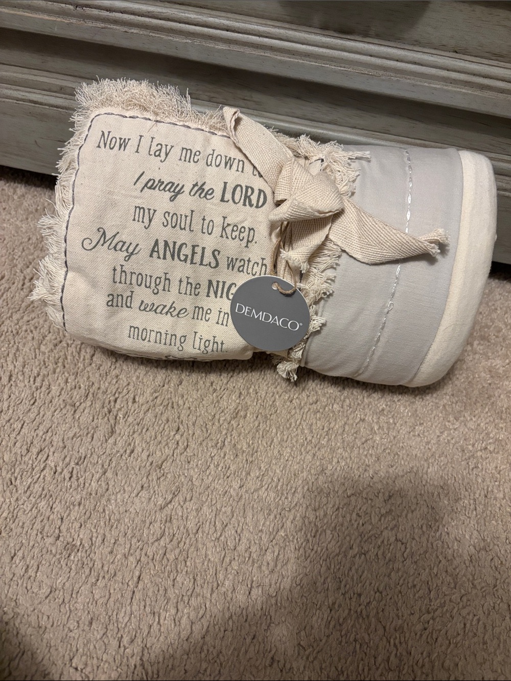 Demdaco Neutral Fringed Prayer Pillow - Light Gray & Cream